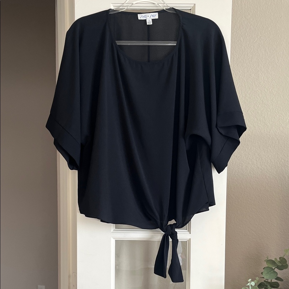She + Sky Blouse Small Black Flowy Lightweight Tie Front